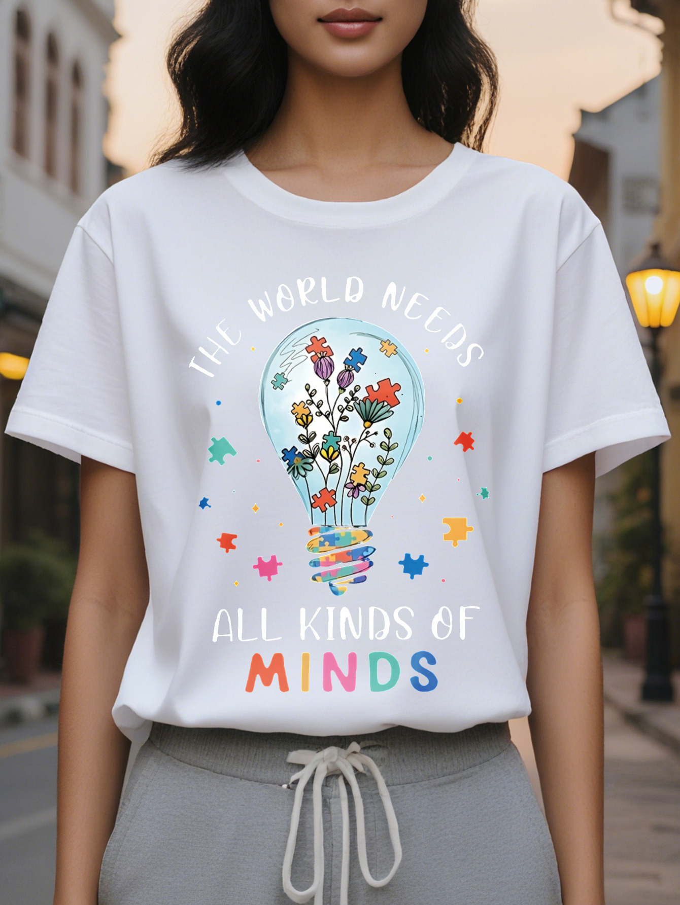 Large XL Women's Autism Awareness Neurodiversity Graphic Print T-Shirt The World Needs All Kinds of Minds Light Bulb Floral Plus Size