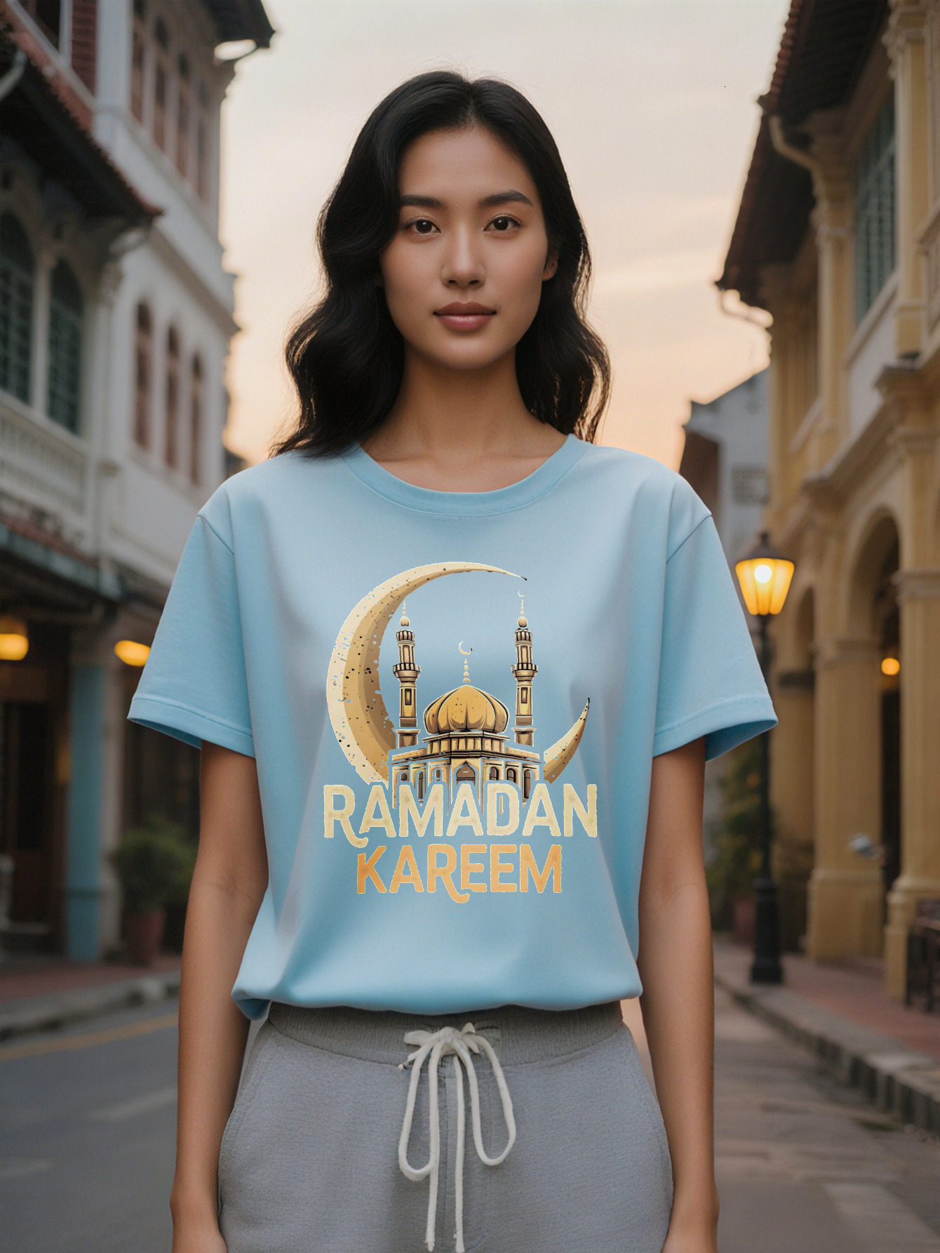 Large XL Lady Casual Crew Neck T-Shirt with Ramadan Kareem Print, Pure Cotton, Washable, Ideal Gift for Plus Size