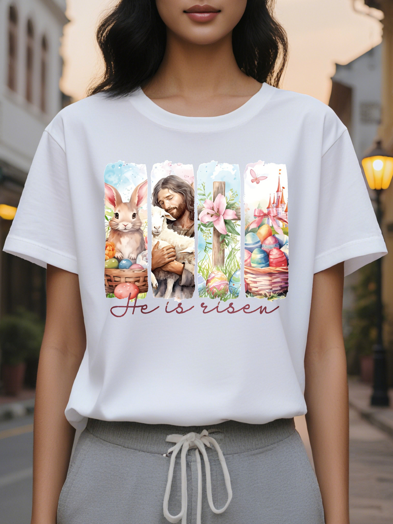 Large XL Women S Bunny Graphic T-Shirt He Is Risen Faith Design with Jesus Rabbit Silhouette Light Blue Casual Short Sleeve Plus Size