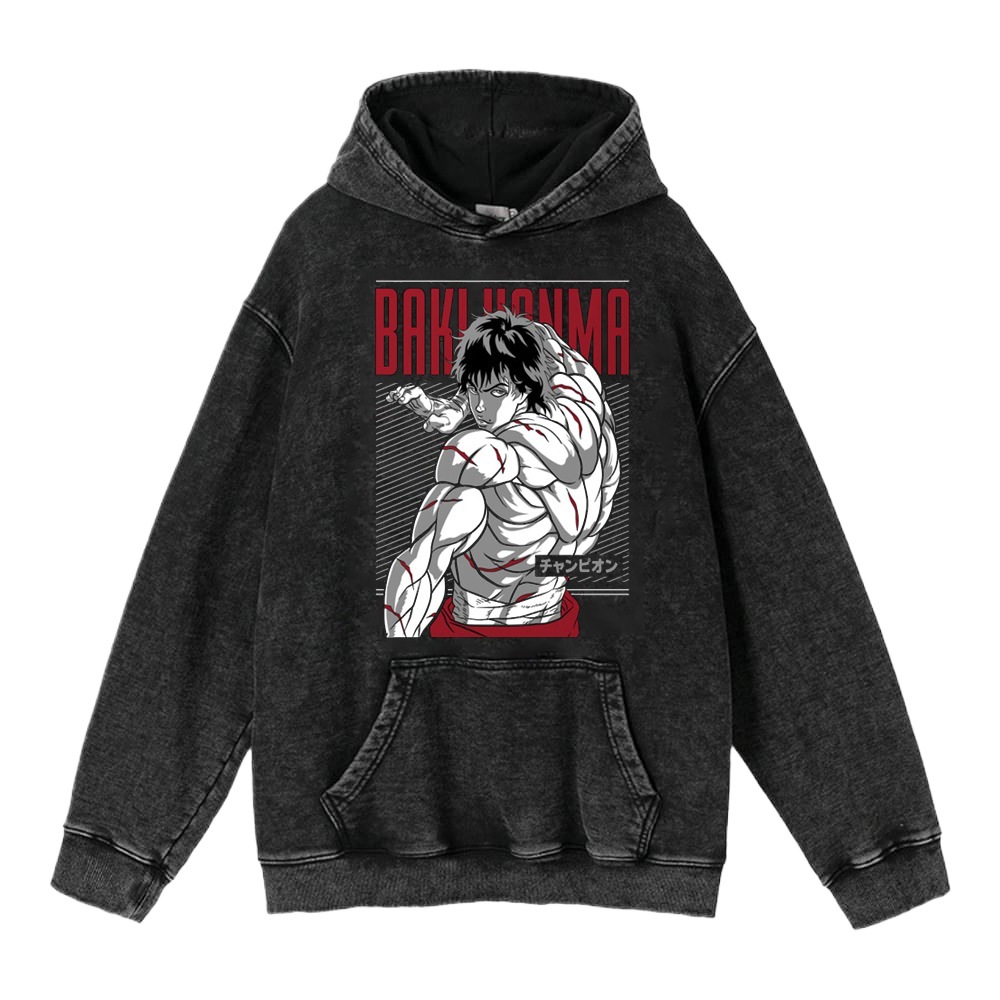 440g Heavyweight Washed Vintage Finish Baki Hanma Anime Street Retro Cotton Hoodie - TT8292