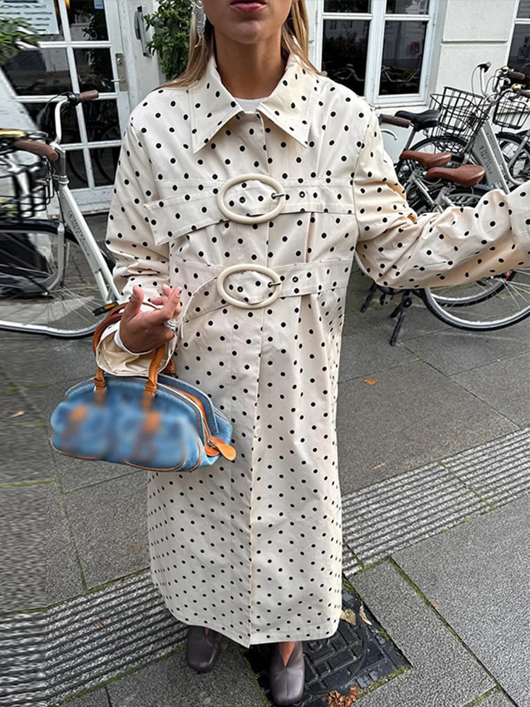 Elegant Polka Dot Belt Womens French Windbreaker Laple Full Sleeve Long Trench Jackets Female 2025 Autumn Fashion Lady Outwears 250904