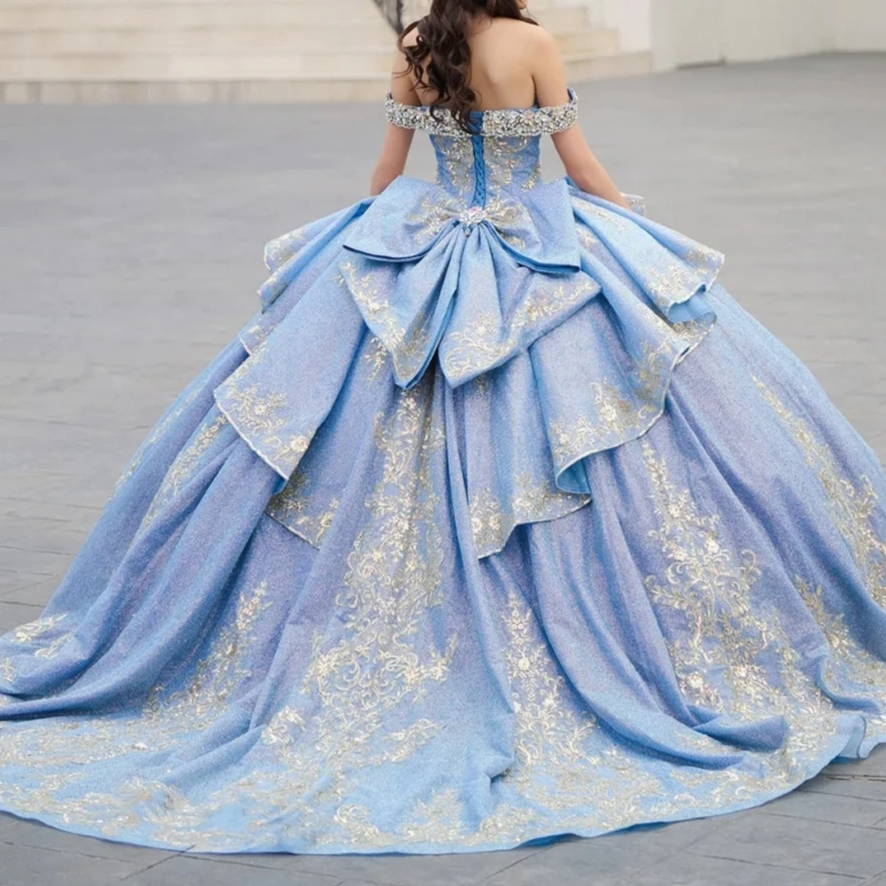 Sky Blue Shiny Quinceanera Dresses Ball Gown Off The Shoulder Applique Lace Beading Crystal Bow Tull Party Sweet 16 Dress Vestidos 15 De Anos