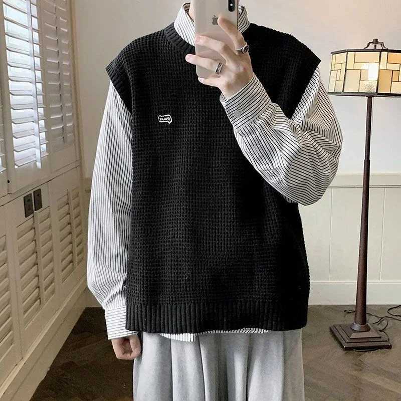 Knitted Sweaters for Men Hippie Black Vest Crewneck Man Clothes Waistcoat Round Collar Sleeveless Warm New in S Over Fit Knit XXJ250904