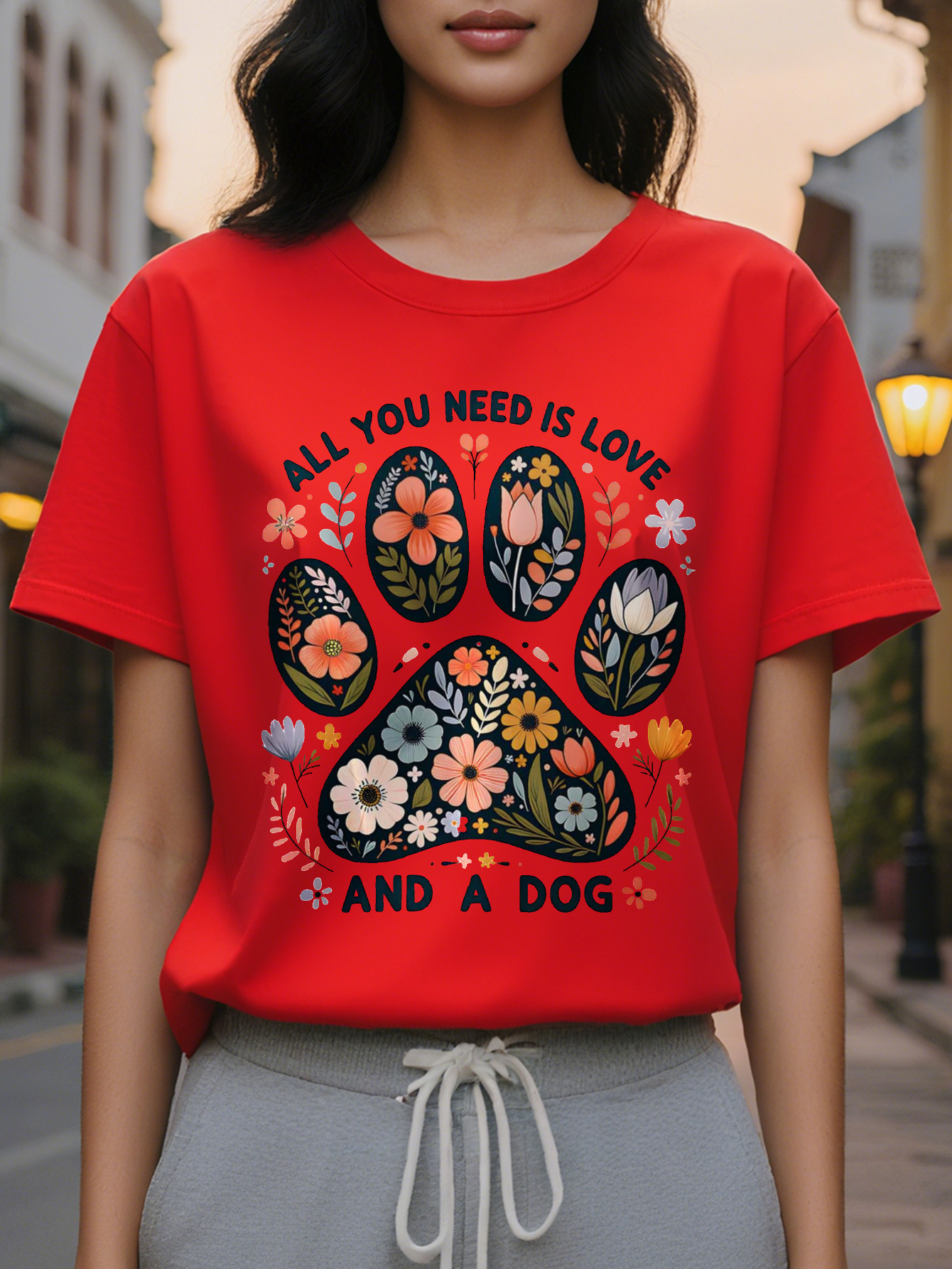 Women's Funny Pet Lover All You Need Love and Pattern T-Shirt White Shirt with Floral Paw Print Lightweight