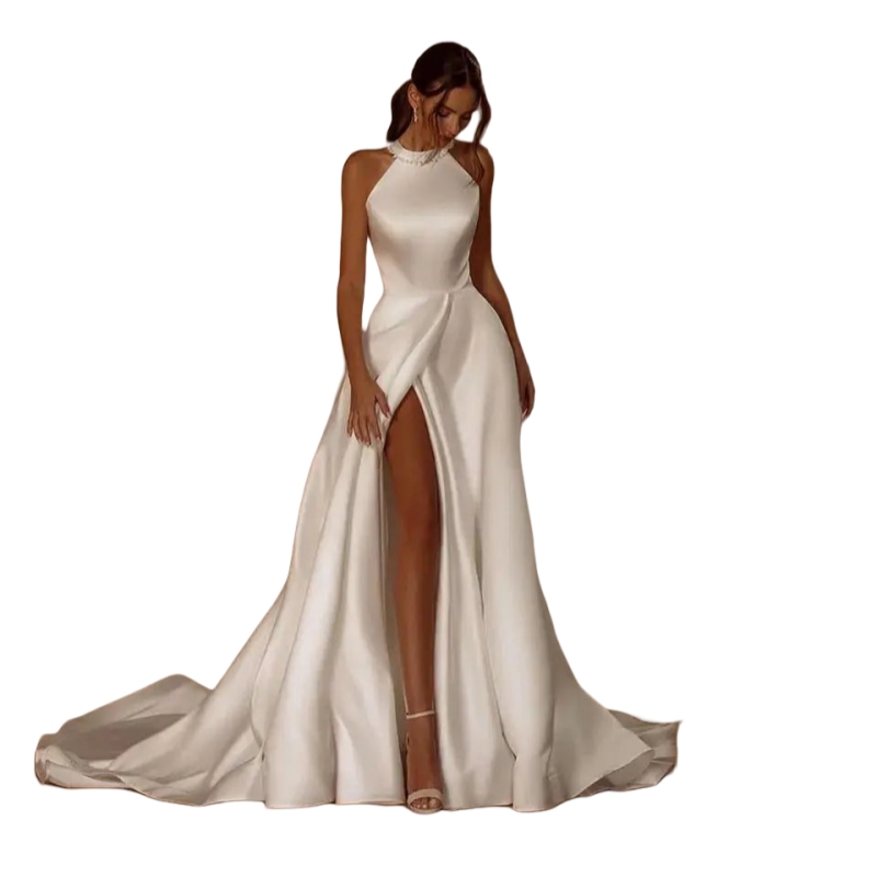 Side Split Boho Beach Wedding Dresses Pearls Beaded Halter Neck Bow Back Sexy Bridal Gown With Pockets Simple Satin A-Line Long Summer Bride Dress