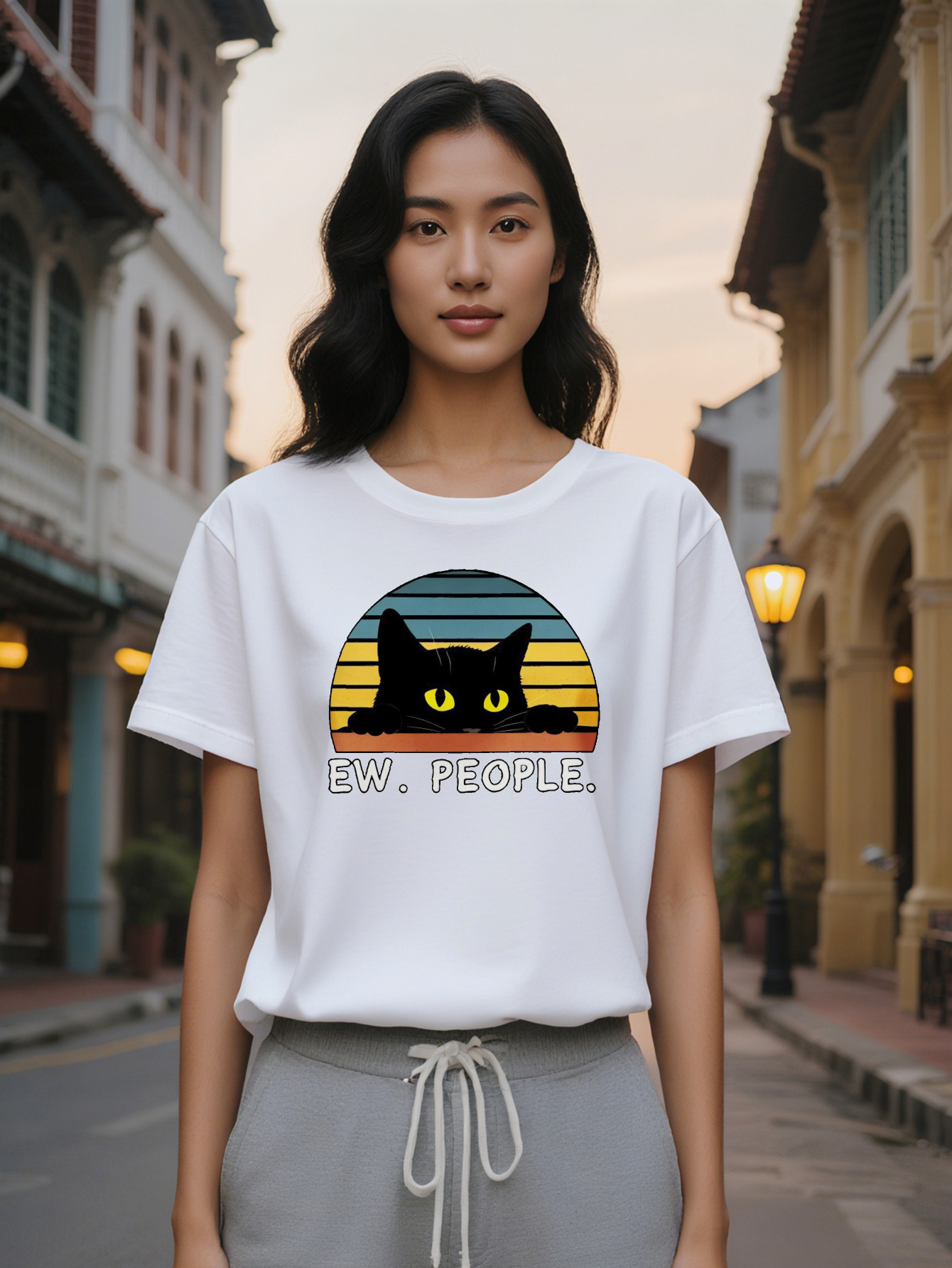 Large XL Women's Casual Crew Neck T-Shirt Black Slight Stretch Vintage Anime Cat Graphic Print Summer Short Sleeve Tee with Plus Size