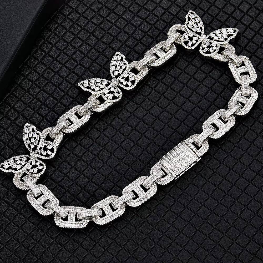 NUOYA Custom Butterfly Cuban Link Choker Iced Out Bling Necklace Baguette Moissanite Diamond Silver Plated Choker Women Jewelry