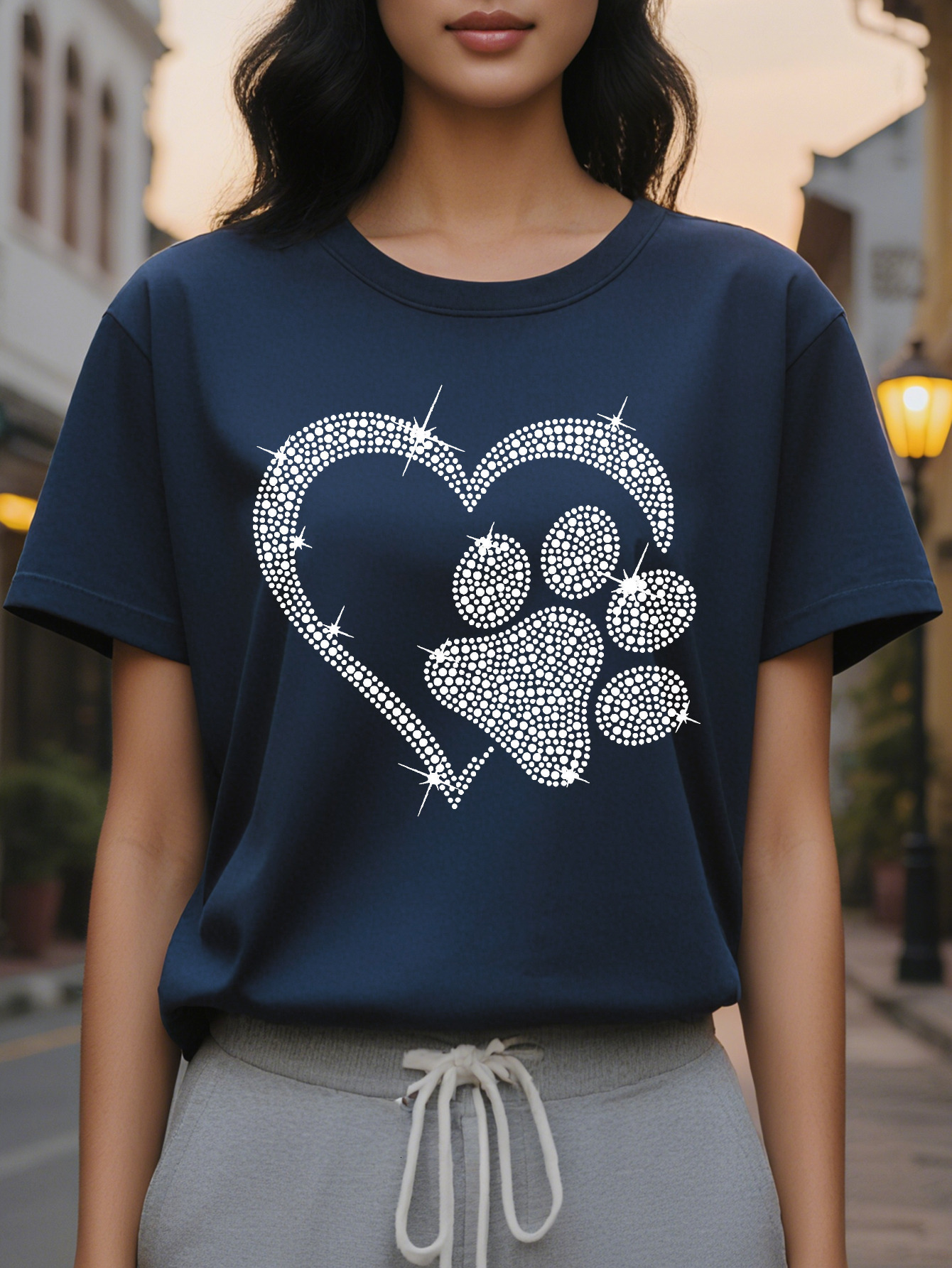 Heart Dog Paw Print T-Shirt Casual Short Sleeve Crew Neck Top Stylish All Season Women's Clothing