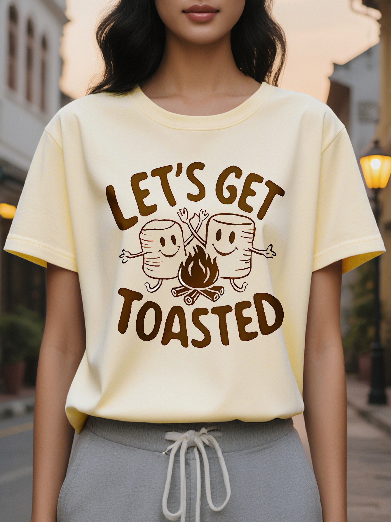 Ladies Let's Get Toasted Pattern Short Sleeve T-Shirt Nifty Toast Flame Design Round Neck Breathable Summer And
