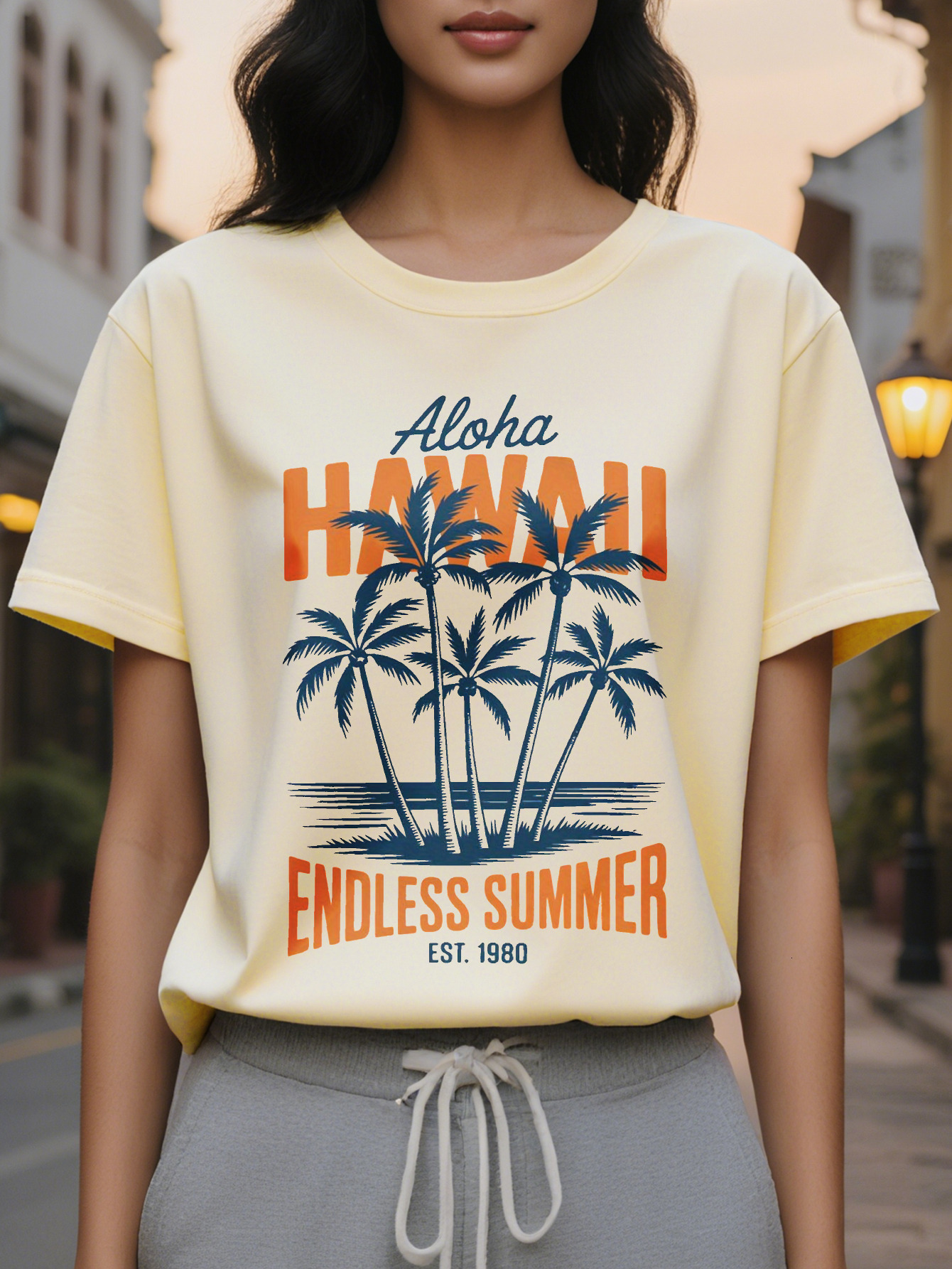 Women's White T-Shirt Retro Print Aloha Letters Design Round Neck Soft Top for Beach Vacations Hawaiian