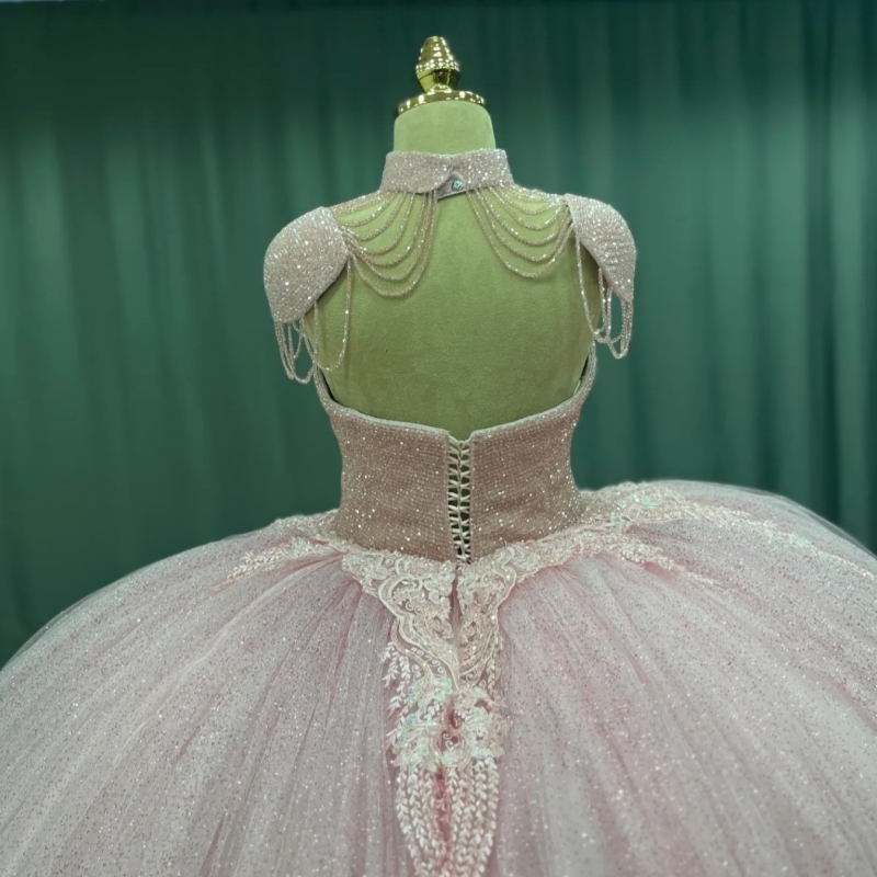 Pink Shiny Princess Off the Shoulder Sweet 16 Dress Quinceanera Dresses Applique Lace Beads Tiered Tull Party Birthday Vestidos 15 De Anos