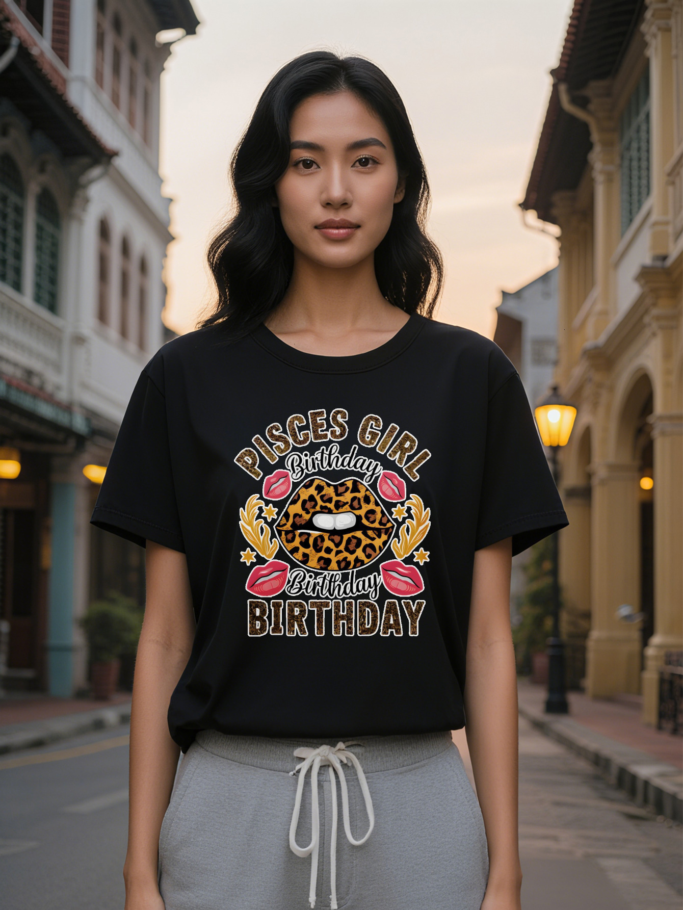 Lady Casual Crew Neck T-Shirt with Pisces Girl Birthday Graphic Black Leopard Print Lips Golden Text Design Summer