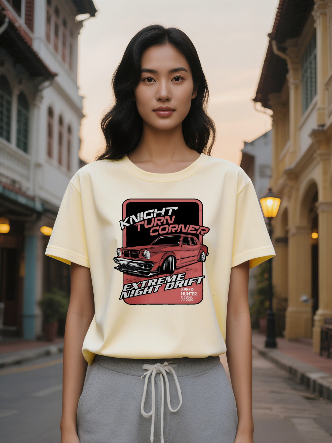 Lady Crew Neck T-Shirt with Red Graphic Knight Turn Corner Design Extreme Night Drift Text Perfect for Enthusiasts