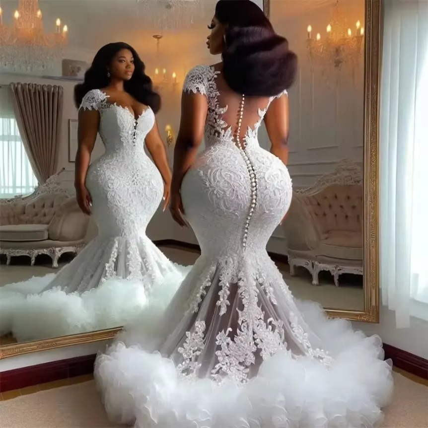 Sexy Button Back Tulle Ruched Train Aso Ebi Wedding Dresses Luxury 2026 Lace African Bridal Gowns Vestidos Novias Boda Plus Size