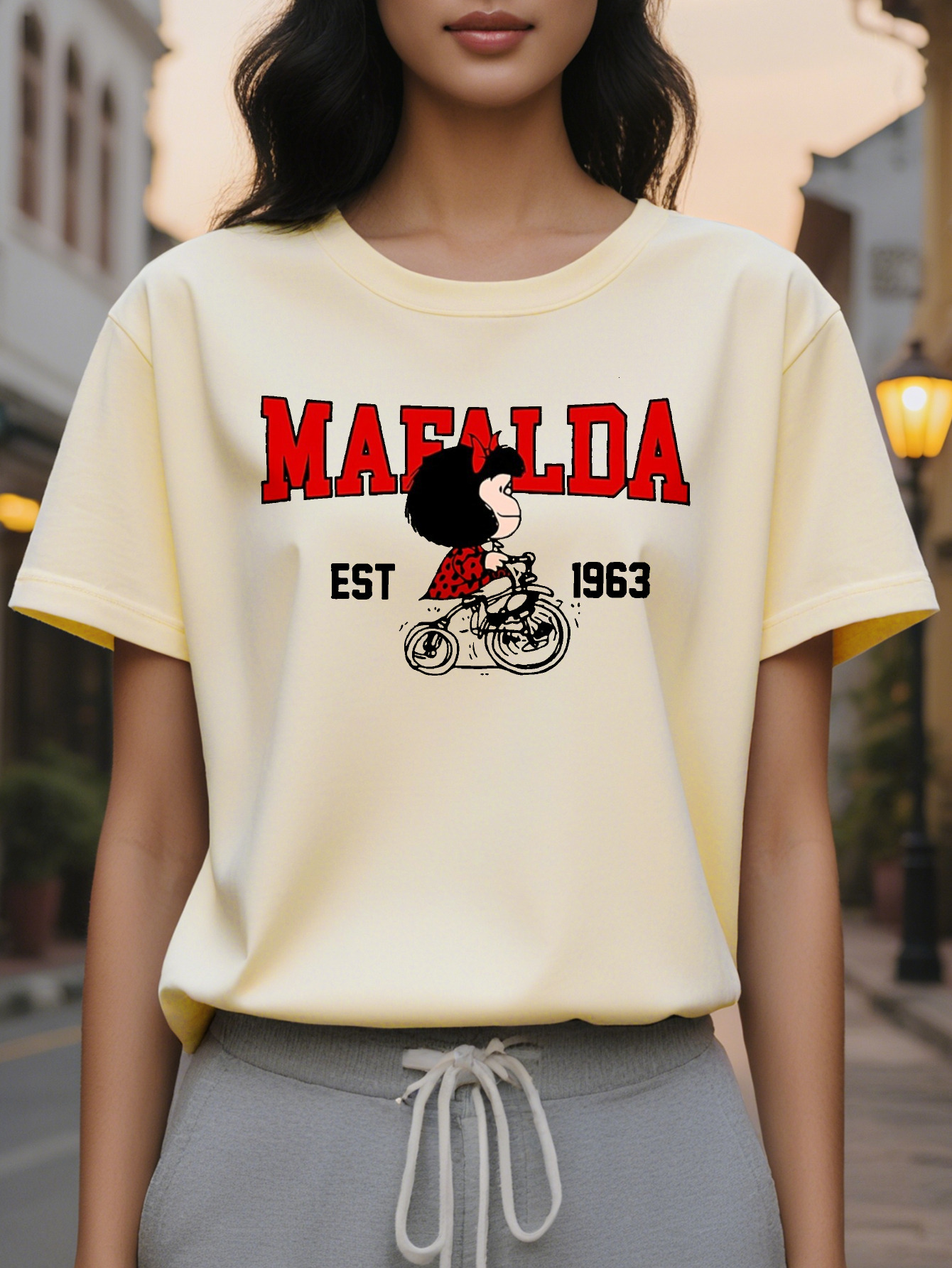 100% Cotton Ladies Vintage Printed T-Shirt Bright Pink MAFALDA Bike Pattern Loose Casual Short Sleeve Top Spring Summer