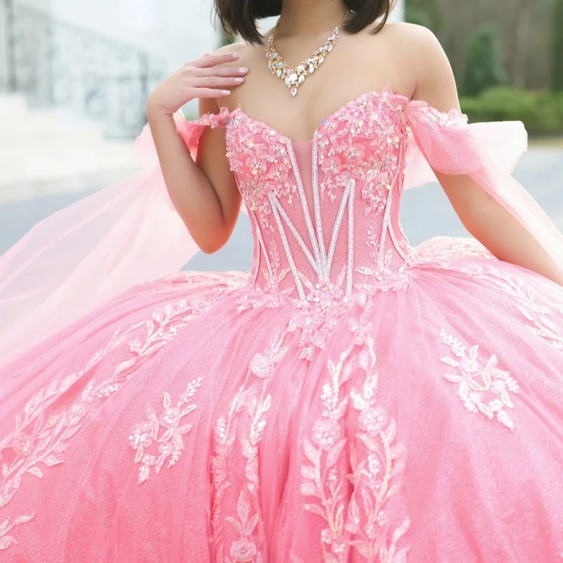 Pink Shiny Quinceanera Dresses Ball Gown Off The Shoulder Applique Lace Beading Crystal With Cape Tull Sweet 16 Dress Vestidos 15 Anos