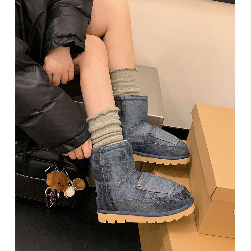 Thick soled warm snow boots 2025 designer's new retro denim cotton boots fashionable fur boots
