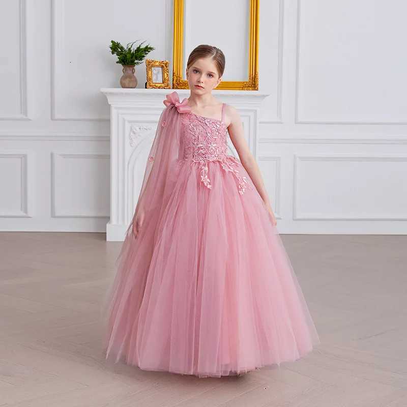 Summer New Girls Slanted Shoulder Embroidered Dress Birthday Lace Pong Princess Dress Piano Performance Dress Z250904
