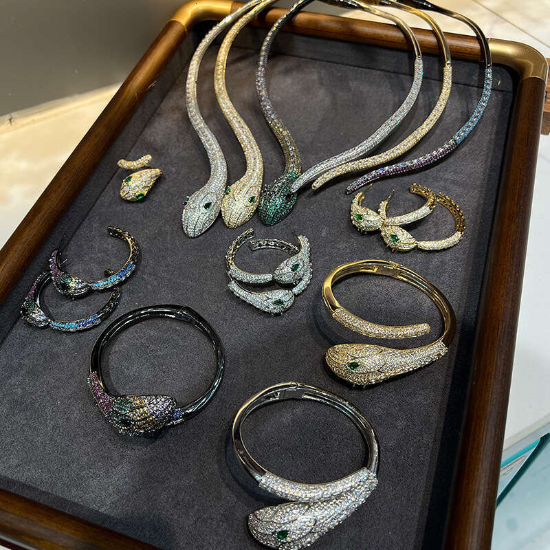 Magazine Style Treasure Series Spirit High-end Heavy Jewelry Set French Fashion Show Zircon Inlaid Rhodium Plated Bracelet Ring Snake Year Necklace