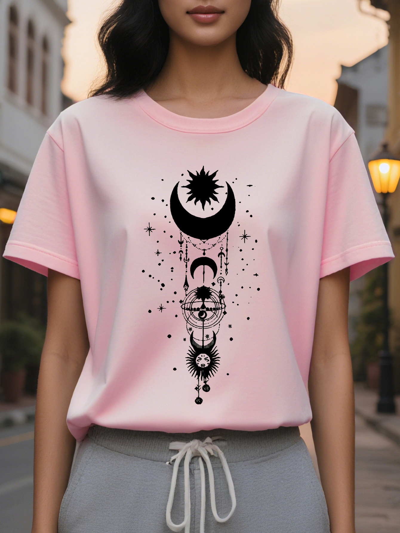 Ladies Celestial Body Pattern T Shirt Black White Sun Moon Star Printing Slim Short Sleeve Round Neck Casual