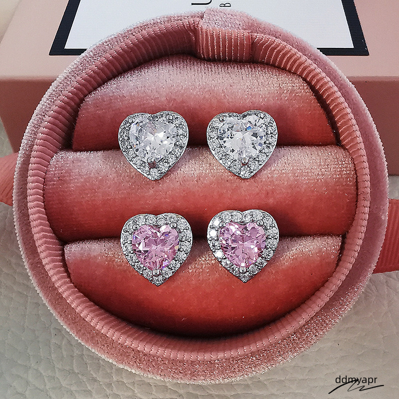Simple Fashion Stud Earring Jewelry Sterling Sier White Pink 5A Cubic Zircon Heart Shape Dia Promise Ddmyday Gemstones Women Hollow Earrings Gift Ddmy