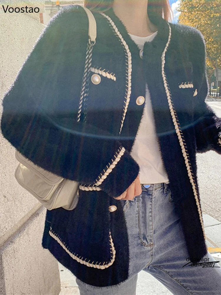 White Mink Cashmere Sweater Coat Women Autumn Winter Lazy Style Korean Retro Black Loose Oneck Knitted Cardigan Fashion Outwear Ddmyday 241108 Ddmyday