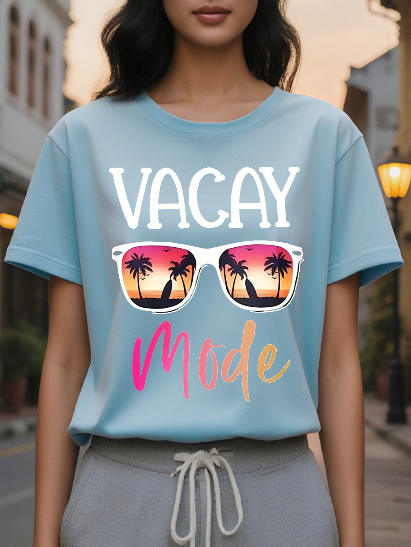 Black Women s Short Sleeve Crew Neck T-Shirt Tropical Palm Tree Sunset Graphic Print with Vacay Mode Text hine