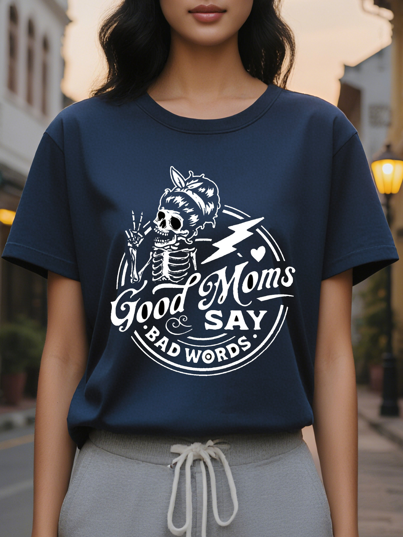 Women's Summer and Spring Casual Round Neck Short Sleeve T-Shirt Skull Print Top