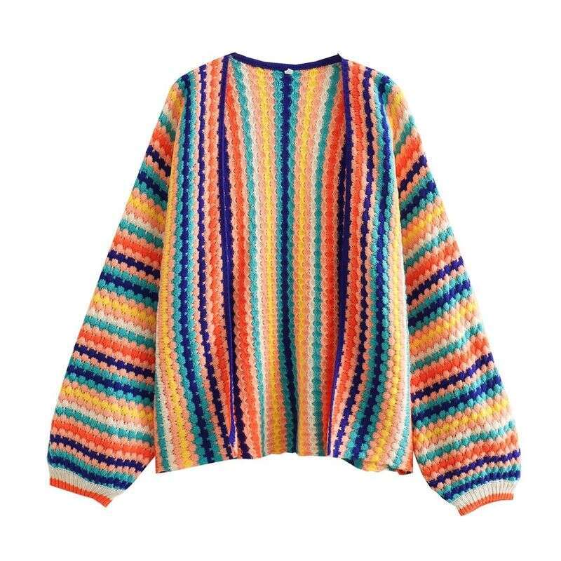 Women's Clothing 2024 Autumn Ethnic Style Contrast Color Hook Flower Colorful Striped Knitted Loose Cardigan Sweater 8Ls2768