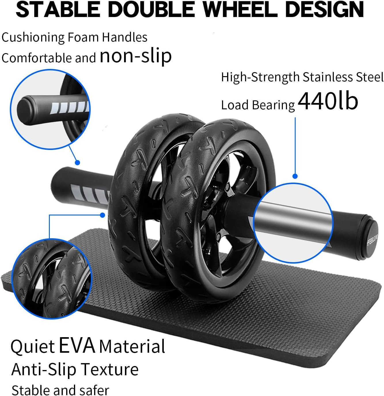 Ab Wheel RollerAbs Core Workout Exercise Wheel with Knee Pad Double Wheel Set with Dual Fitness Strength Training Modes at Gym or Home W250904