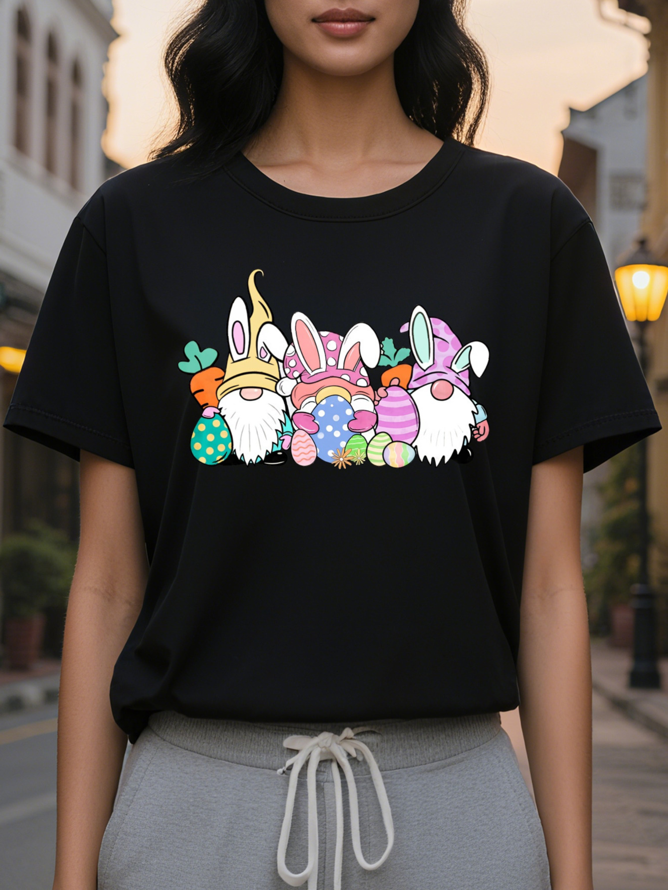 Large XL Women S Easter Bunny Eggs Graphic Tee Casual Crew Neck Cotton T-Shirt Soft Comfortable Knit Fabric Geometric Plus Size