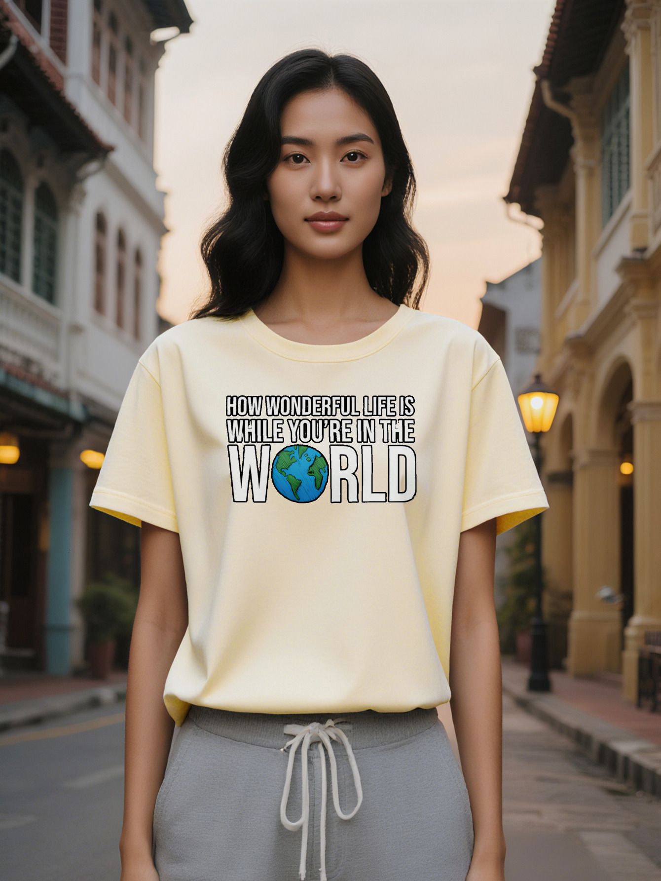 Lady Casual Crew Neck T-Shirt with How Wonderful Life Is While You're In The World Graphic Design Black Perfect For
