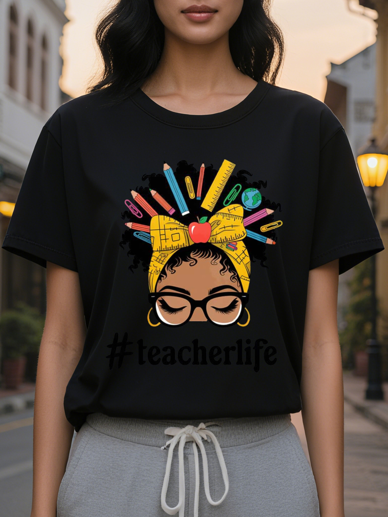 Women Black History Sleeve T-Shirt Round Neck Casual Top Designed Teacher Life Colored Pencil Floral Illustration