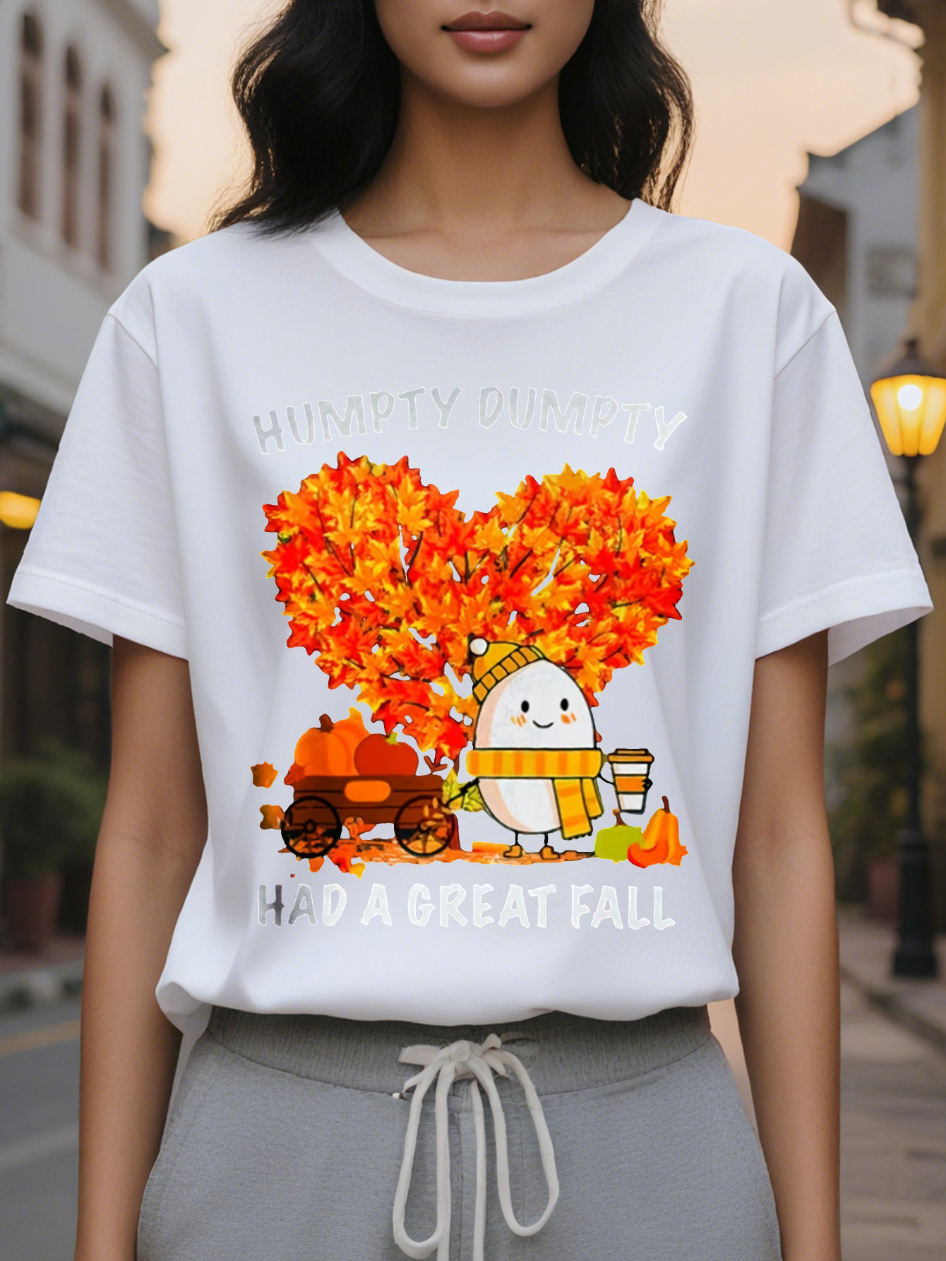 Women's Dark Green Graphic T-Shirt Funny Autumn Saying Tee with Egg Cup Design Casual Everyday Shirt for Halloween
