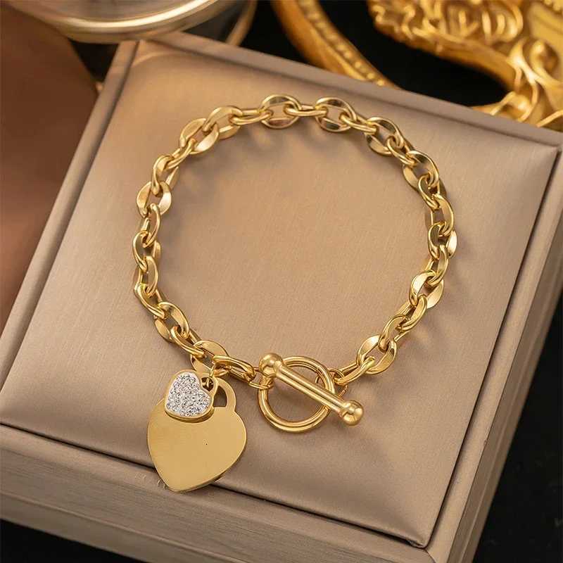 1 Pcs Bangle For Women Girl Not Fade Stainl Steel Gold Plated Waterproof Geometric Heart Pendant Bracelet JewelryXJ250904