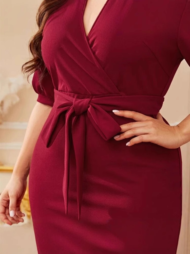 H831New cross-border solid color short-sleeved V-neck European and American loose lace-up large size women's clothing