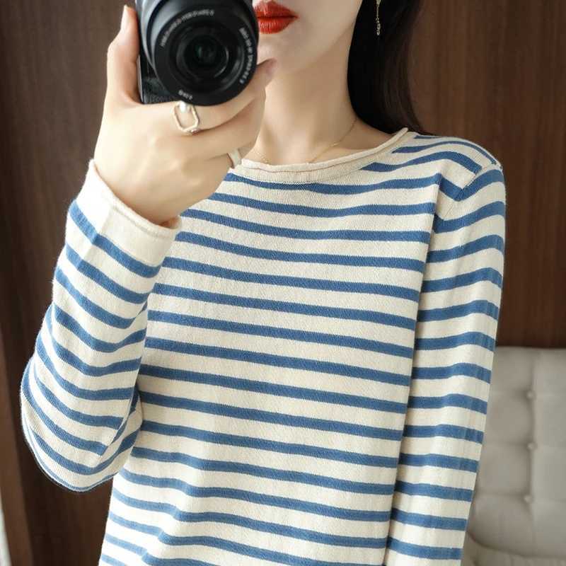Women 100 Cotton Sweater Curled Oneck Strip Pullover Autumn Winter Casual Knit Clothing Fashion Soft Bottoming Sweater Tops M250904