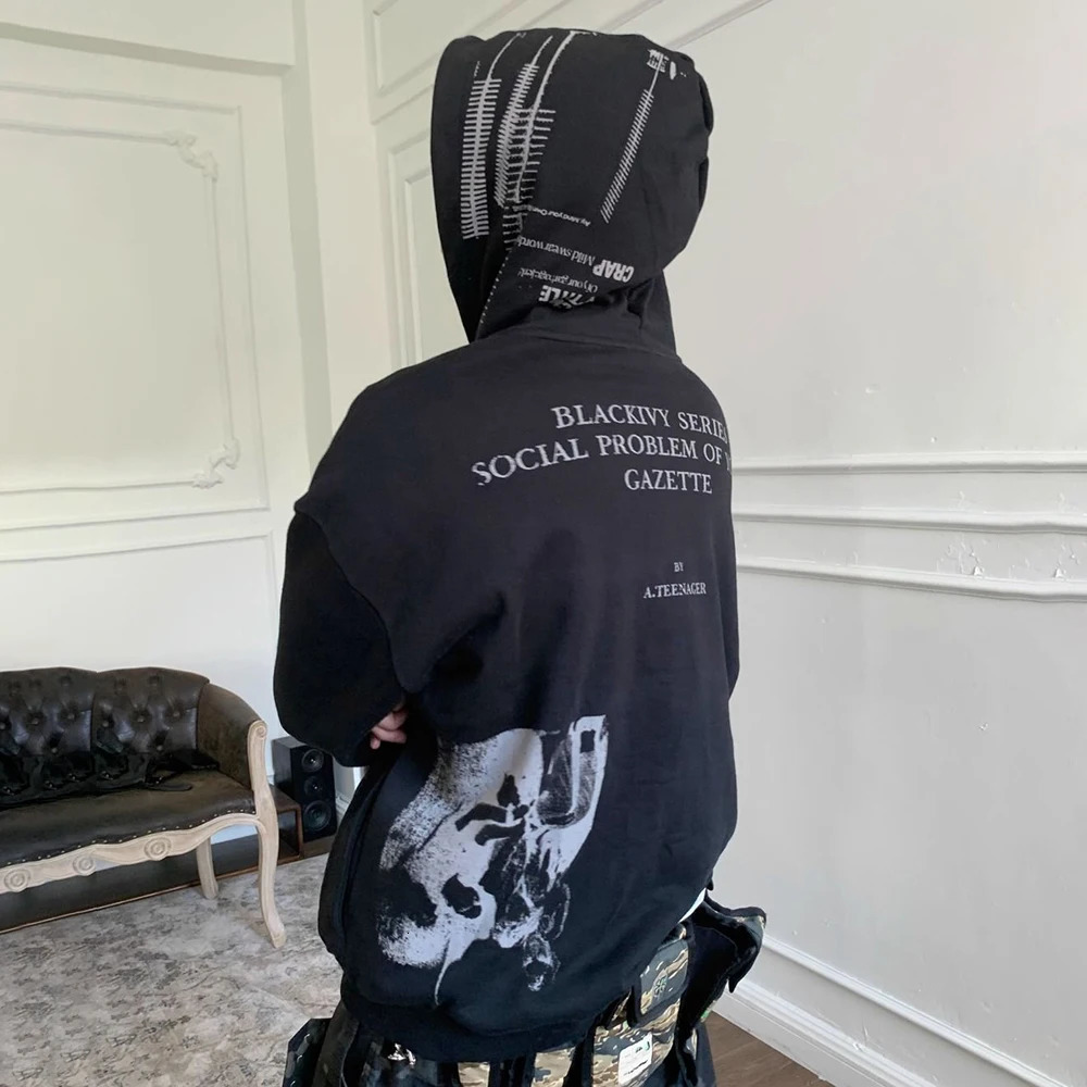 Y2K Gothic Clothing High Street Cotton Punk Zipper Hoodie Autumn And Winter Plus Velvet Oversized Hip Hop Mens Sweatshirt 250904