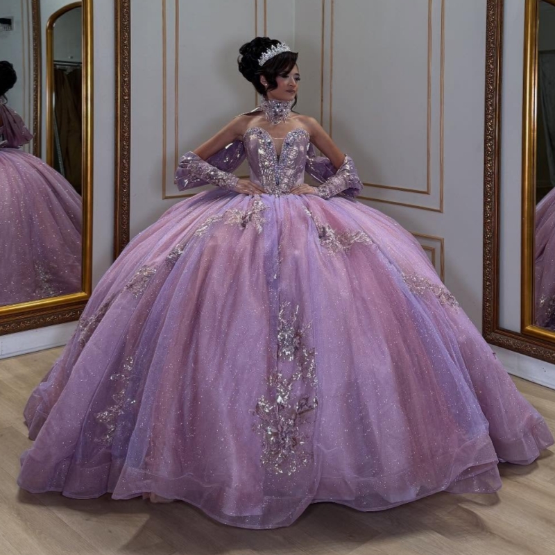 Lilac Shiny Princess Off the Shoulder Sweet 16 Dress Quinceanera Dresses Applique Lace Beads Tull Party Birthday Vestidos 15 De Anos