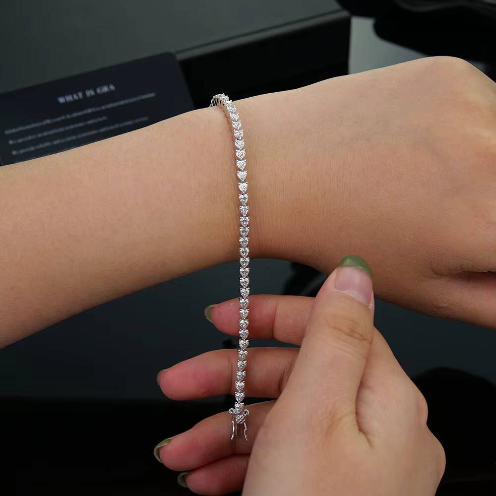 3mm Moissanite Heart Tennis Bracelet 925 Sterling Silver Tennis Chain Iced Out Hip Hop Style 925 Silver with GRA Certificate