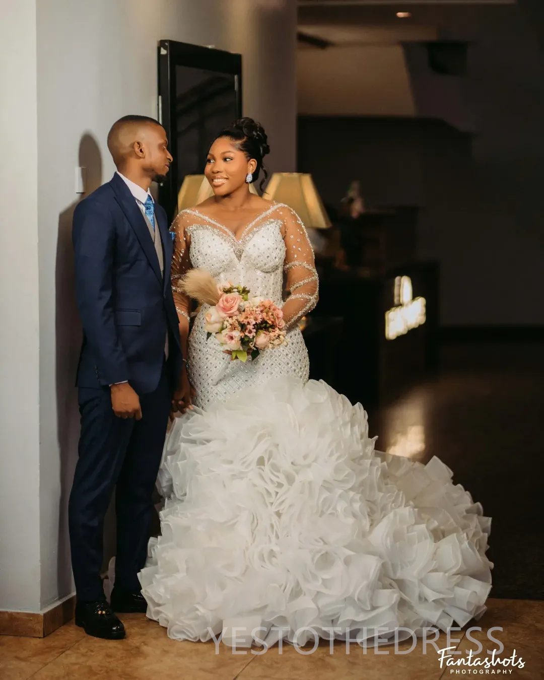 2025 Plus Size Wedding Dress Bridal Gowns For Bride Mermaid Wedding Gowns Sheer Neck Illusion Long Sleeves Pearls Beaded Lace Bridal Dress For African