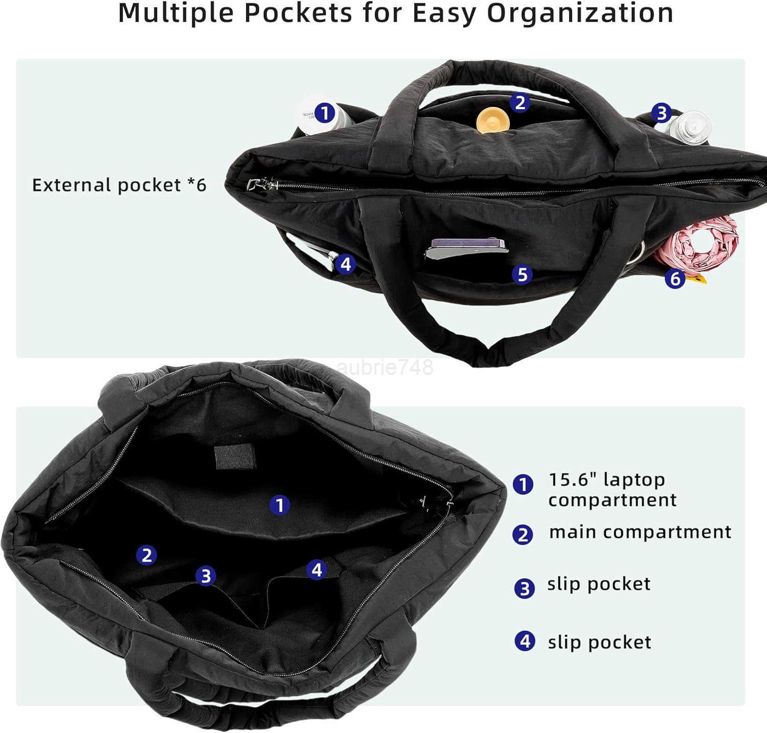 Multi Pocket Tote Bag for Women Large Puffy Shoulder Purse Handbag with Compartments for TravelWorkGYM M250904