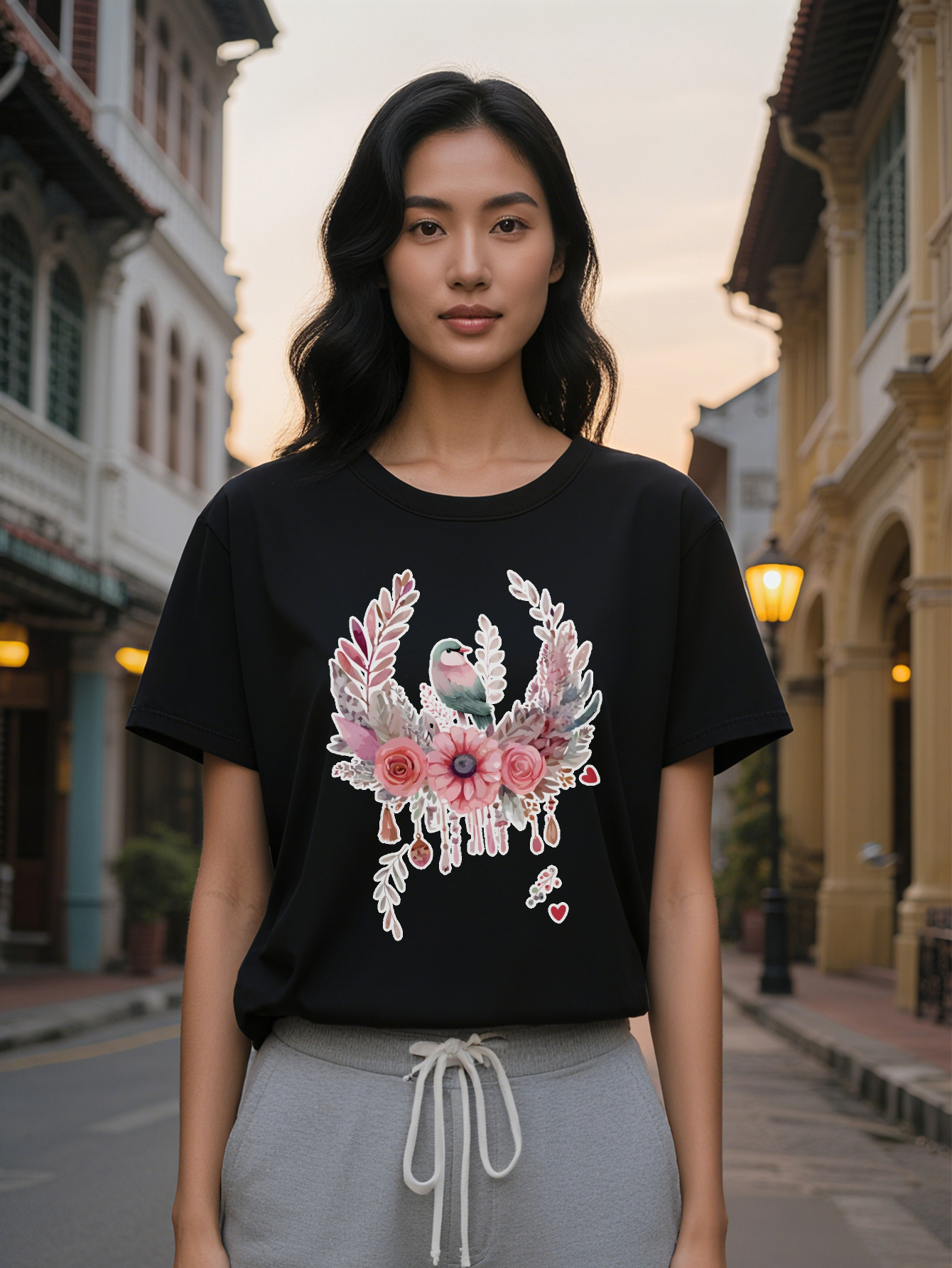 Large XL Short Sleeve T-Shirt with Bird Rose Floral Print Black Round Neck Summer Top Breathable Washable Tee for Plus Size