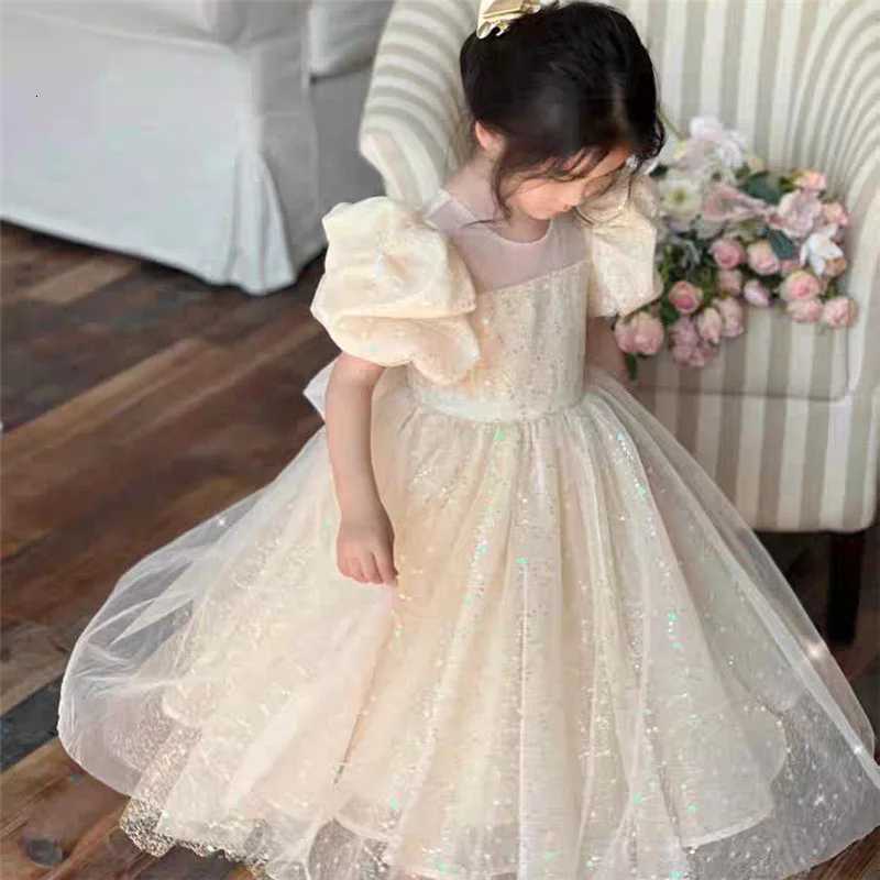 Girls Princess Long Dress Fashion Bow Sequin Puff Sleeve Tutu High End Formal Party Gown Ball New Style Children Evening Dress Z250904