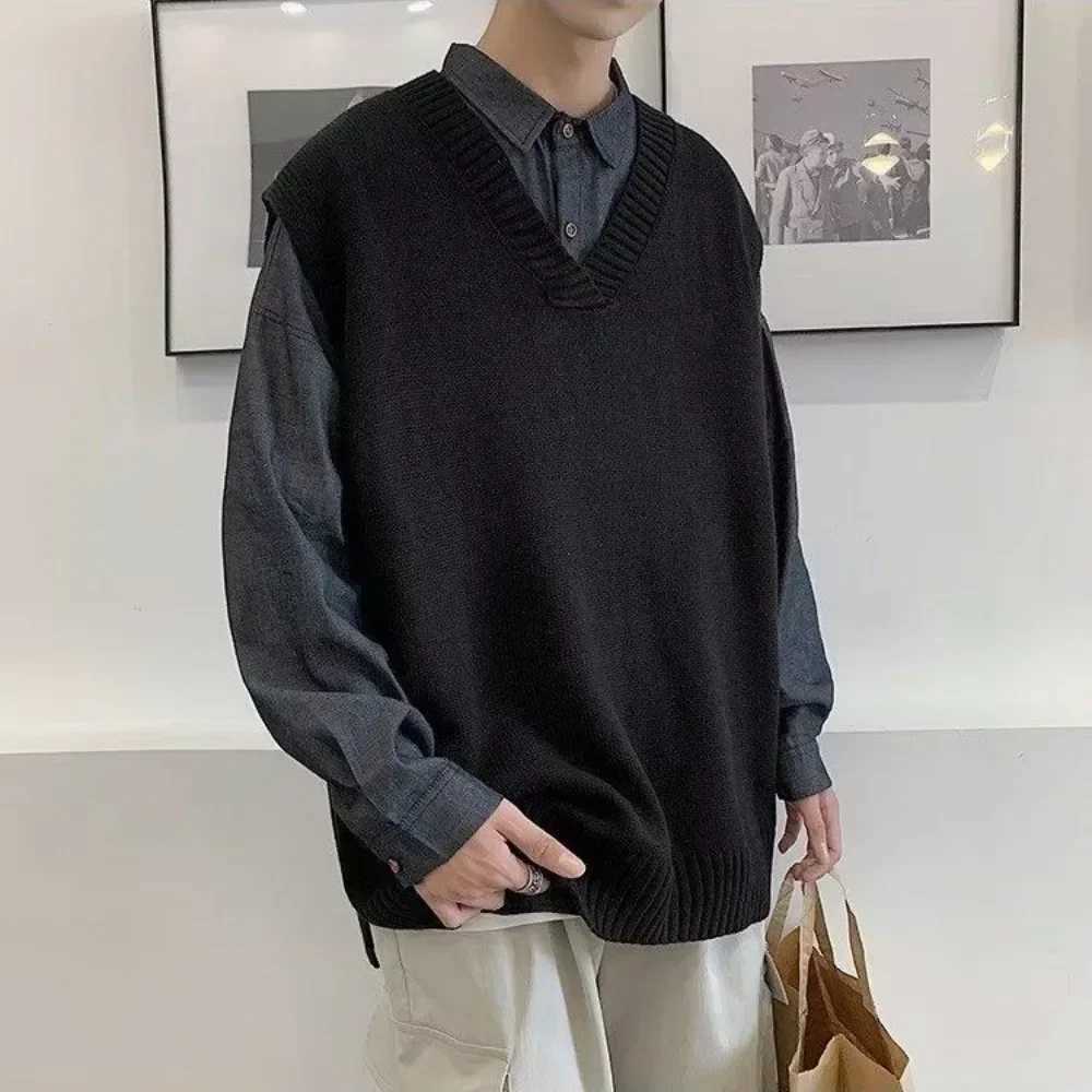 Solid Color Mens Knitted Vest New In V Neck Sweaters Male Streetwear Casual Original Vintage Waistcoat Designer Top Y2k CheapXJ250904