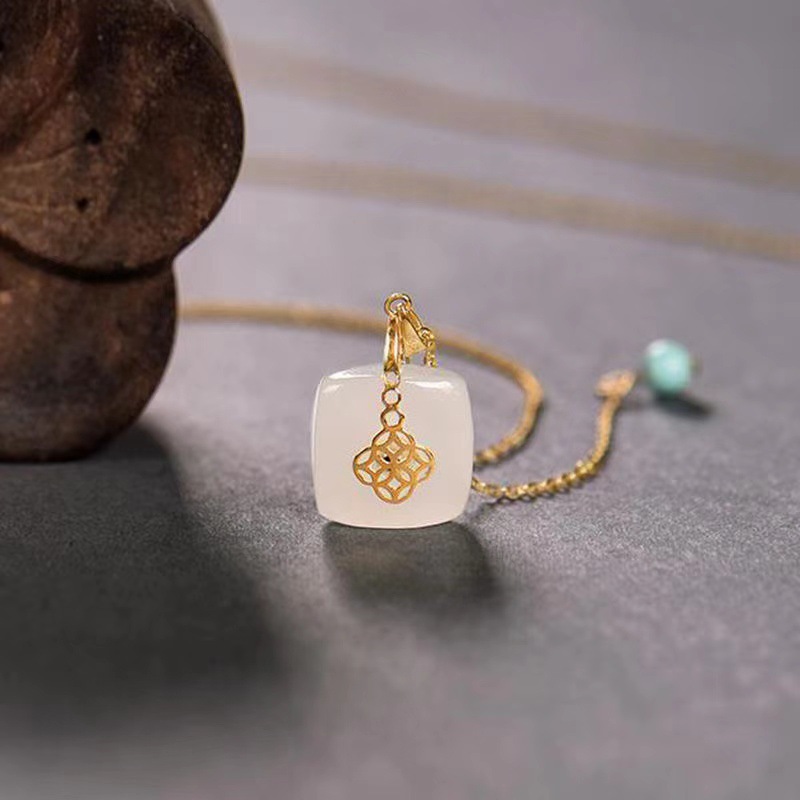 sNew silver Hetian white jade square pendant necklace exquisite gold cold wind light luxury charm noble women brand jewelry