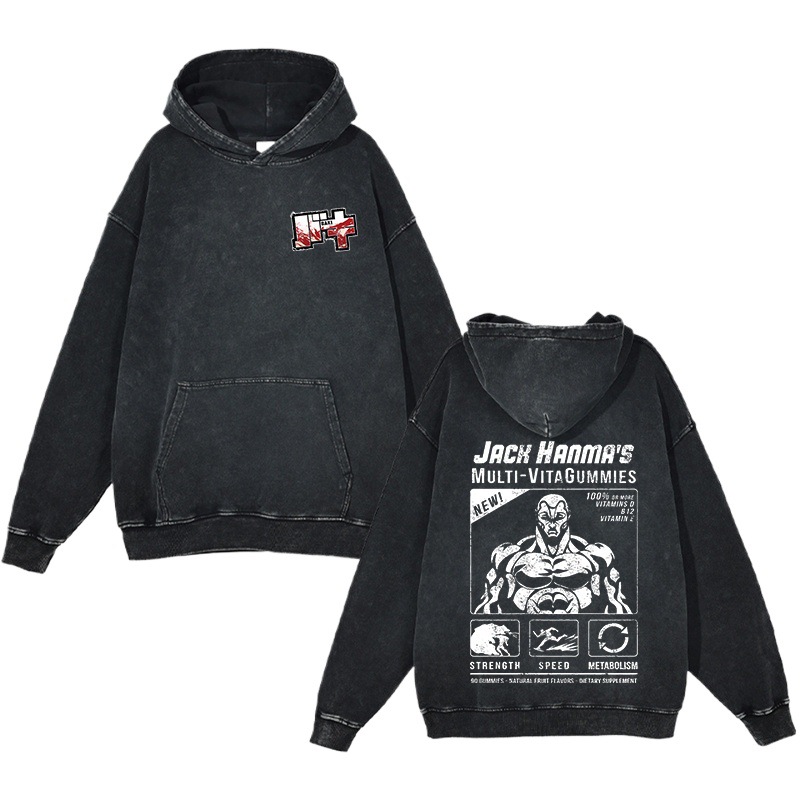 440g Heavyweight Cotton Pre-Washed Distressed Finish Baki Hanma Anime Street Retro Hoodie - TT8306