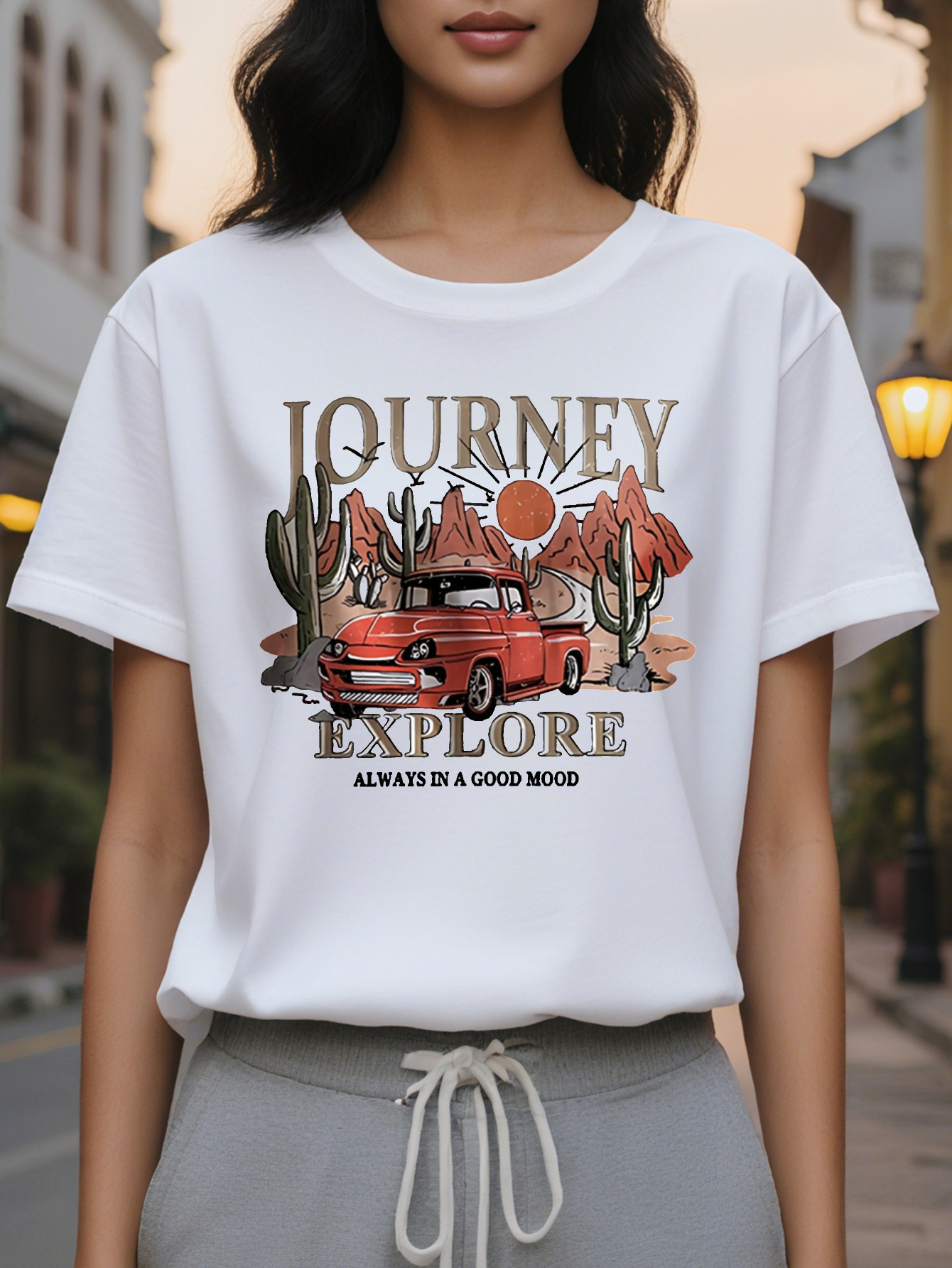 Women's Pink Journey T-Shirt Route Desert Cactus Casual Slim Fit Short Sleeve Round Neck Top for Spring