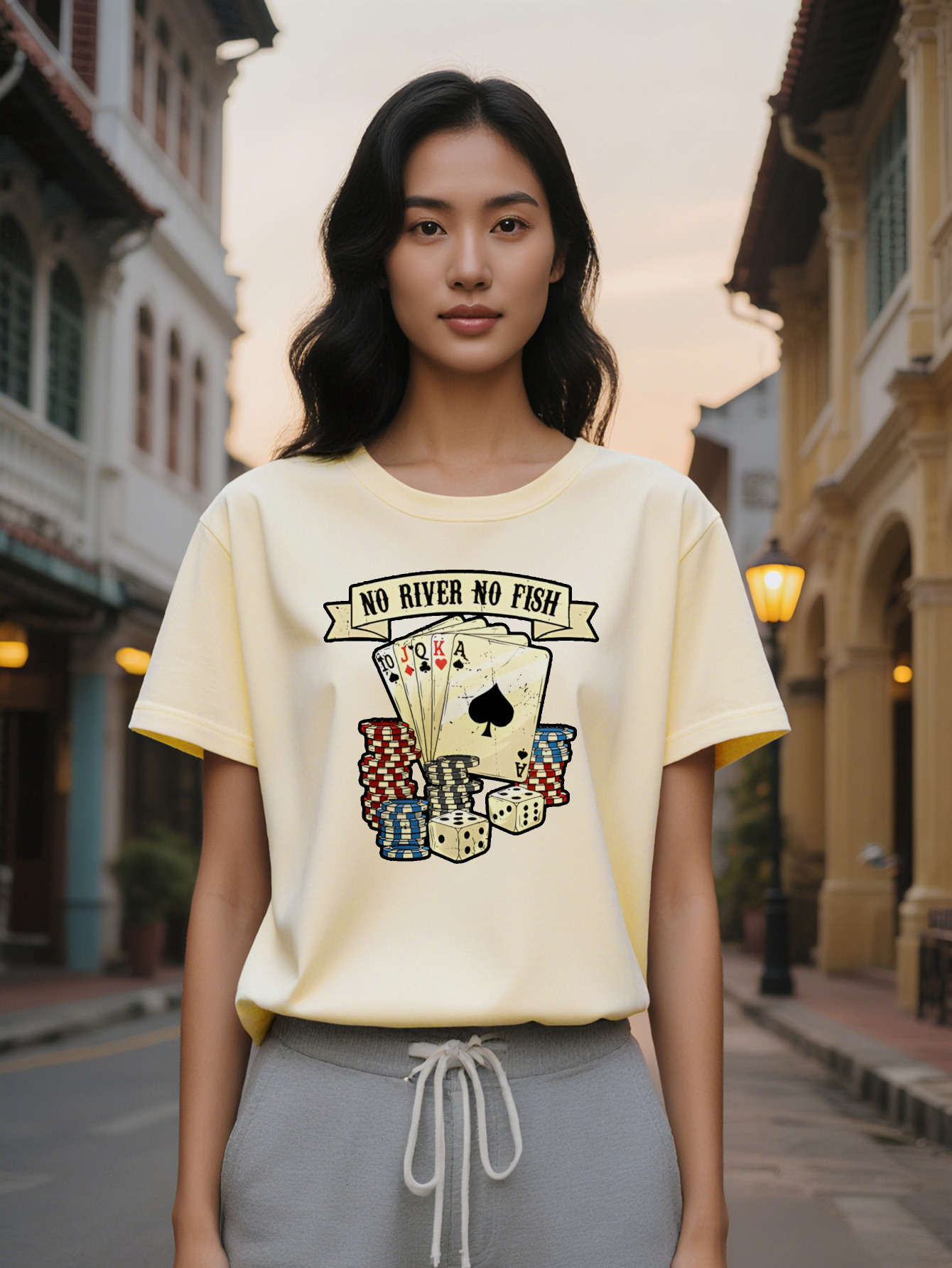 Large XL Casual Versatile Round Neck T-shirt Banner Poker Card Black Ace Print Pattern Top Lady Gift Plus Size