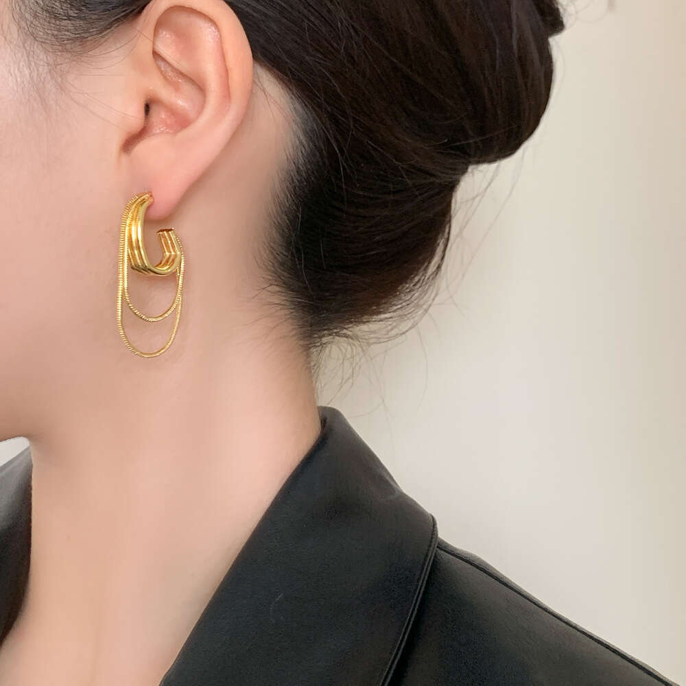 DH collections Geometric Irregular Multi - layer Snake Chain Tassel Earrings. These copper - plated real - gold earrings exude a niche